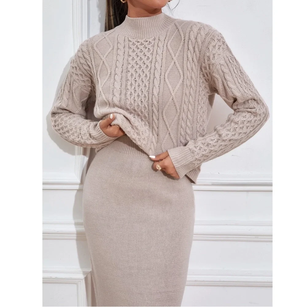 2 Piece Knit Skirt Set Blush Color Long Skirt & Cable Knit Set - Picture 4 of 11